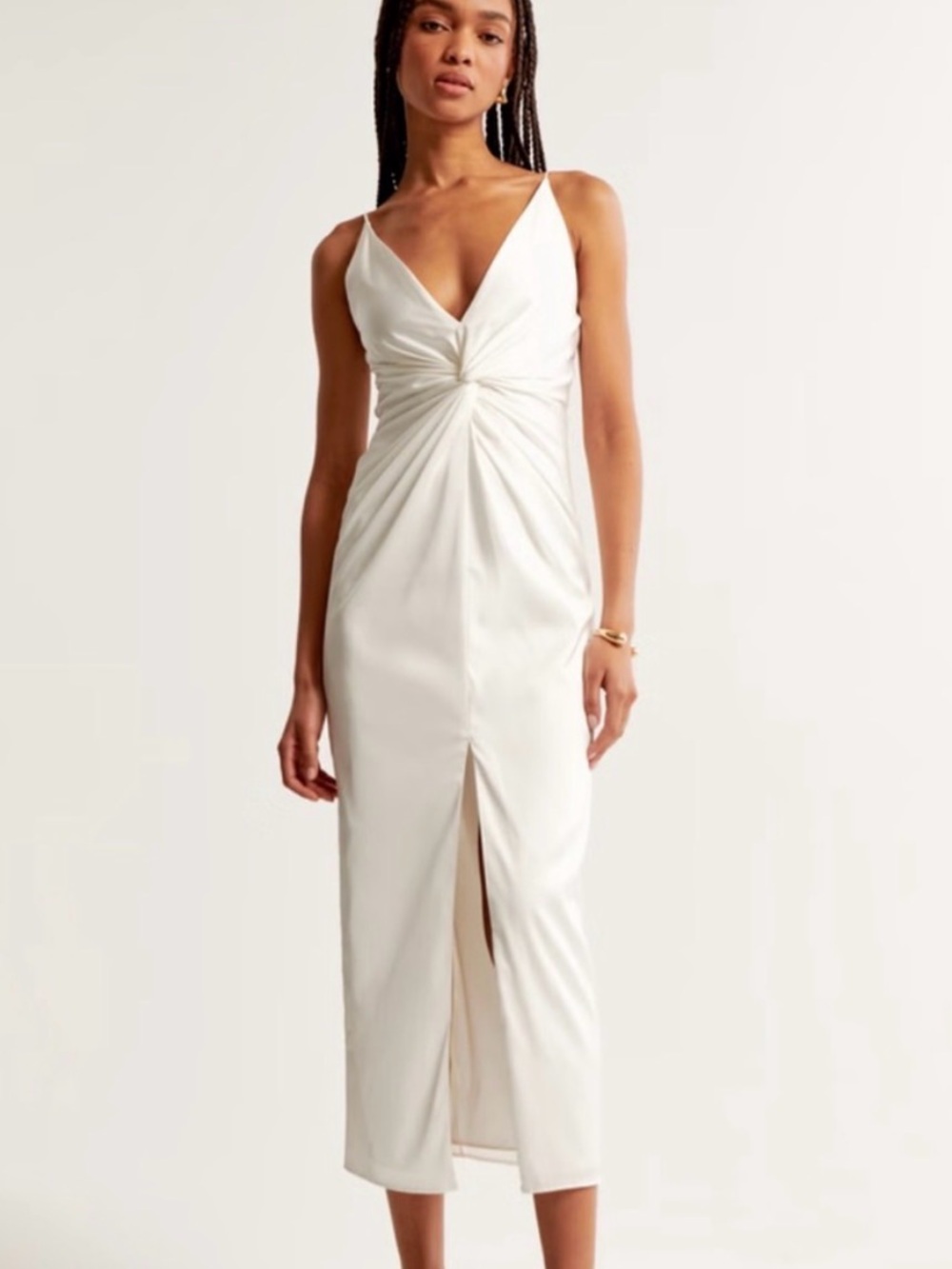 Abercrombie & Fitch Cream Twist-Front Midi Dress with Front Slit